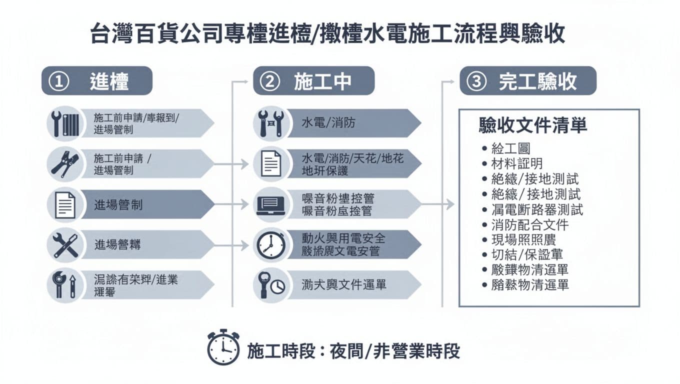 百貨專櫃進櫃撤櫃水電流程,現場規範, 施工時段, 驗收文件清單 百貨專櫃進櫃撤櫃水電流程,現場規範, 施工時段, 驗收文件清單