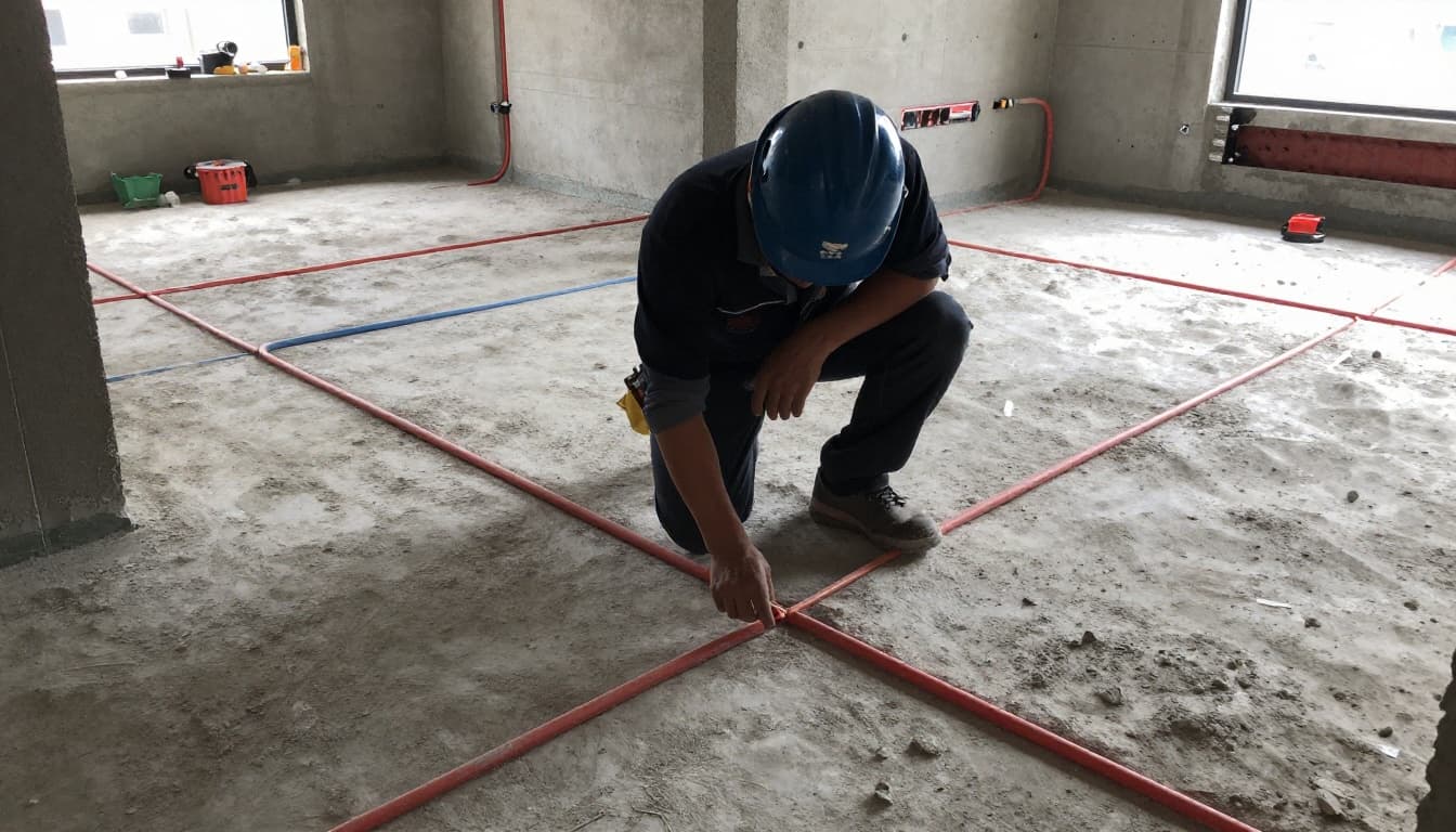 A professional Taiwanese worker wearing a safety helmet inspects water and electrical pipelines at a clean, orderly indoor construction site with tools and materials in the background, lit by natural light in realistic photography style.