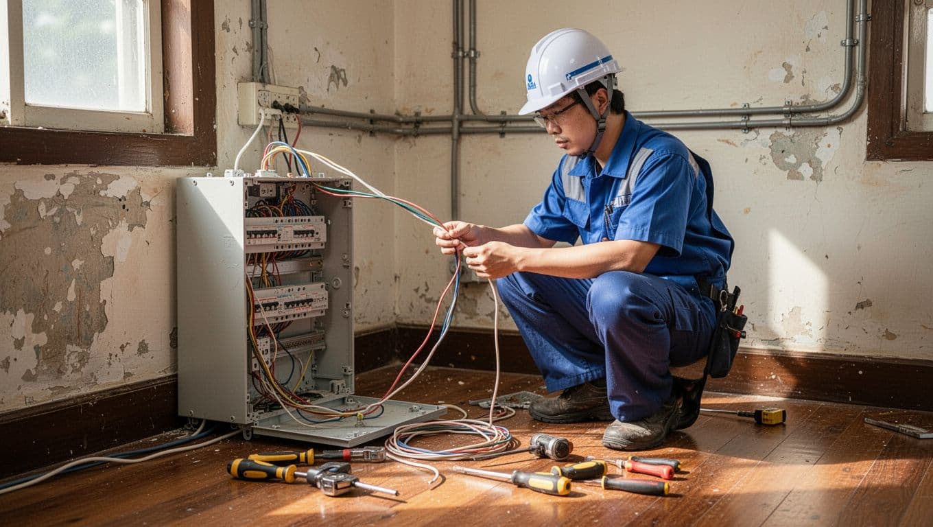 台灣老屋客廳內水電師傅正在重拉電線，配電箱打開並可見線徑與工具。