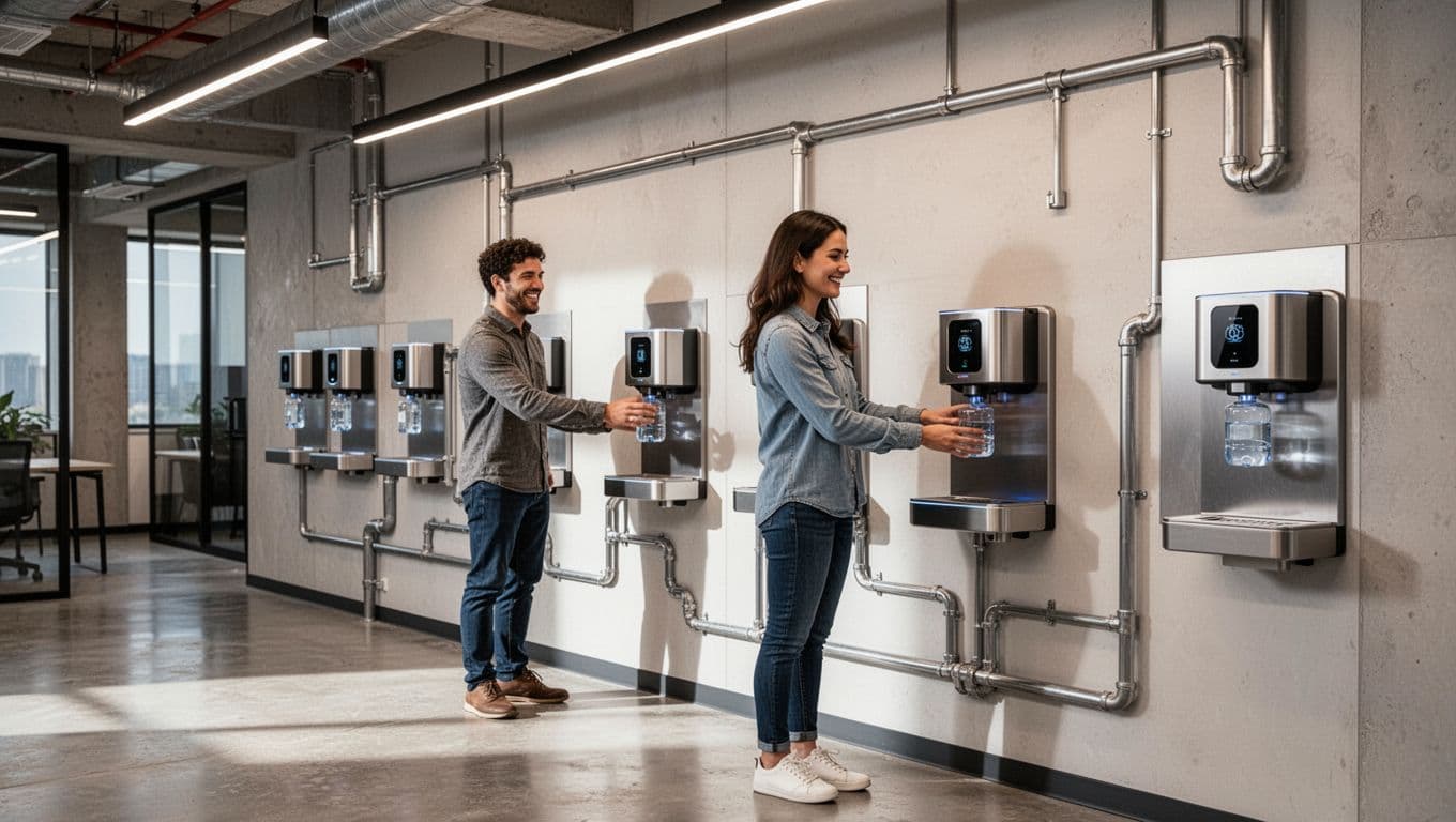 自動淨水與感應水栓,怎麼讓辦公室更健康也更好用 Two smiling employees queue at multiple sensor water dispensers in a clean modern factory office with hidden pipes and soft lighting.