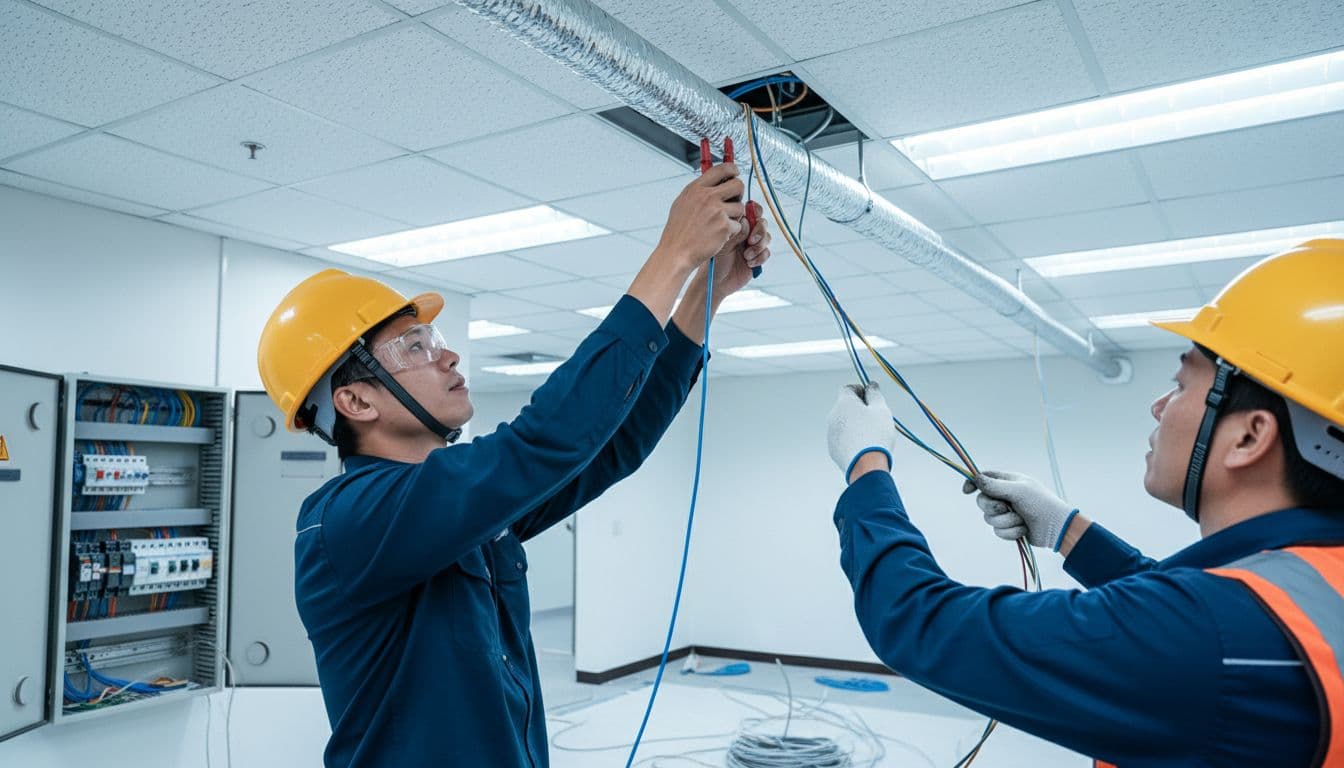 報稅季要省錢,辦公室節電先從水電改造下手 Two workers pull new electrical wires into conduits in a factory office, background shows switch box and LED fixtures.