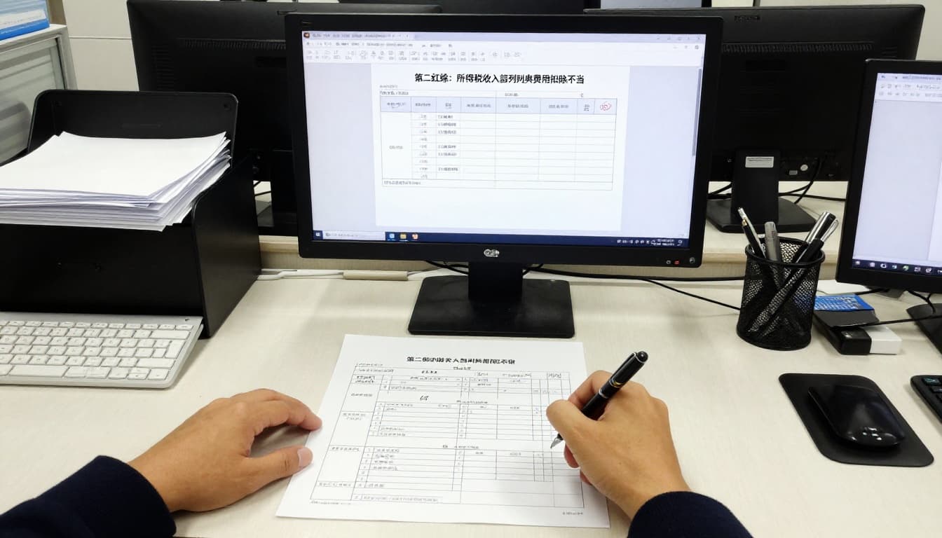 2026年創業稅務三大紅線 從公司登記到申報的實用避坑法 Realistic scene of a Taiwanese finance professional correctly handling income tax filing documents on a neat office desk with tax forms, calculator, and computer screen in a clean, brightly lit environment.