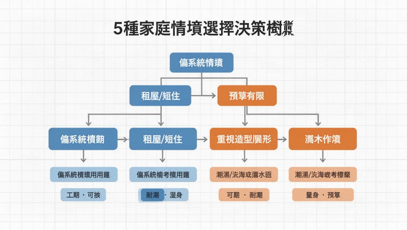 Infographic decision matrix for Taiwan interior renovation, helping choose system cabinets (blue) vs. woodwork (orange) or mix for 5 family scenarios: small apartment storage, rentals/short stays, limited budget, style-focused designs, humid/coastal areas, with key factors like timeline, removability, moisture resistance.