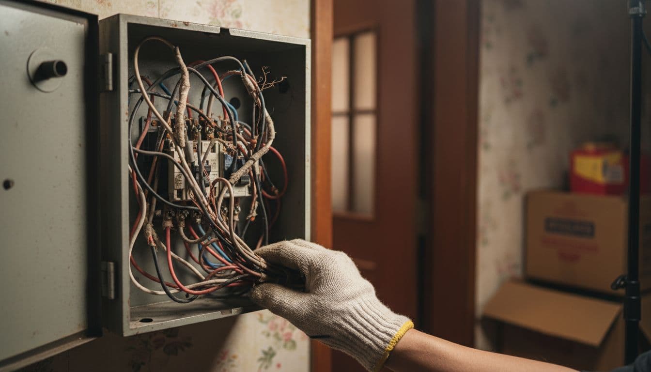 2026年居家水電檢查:預防跳電與火災風險指南 Close-up of Taiwan residential electrical switch box interior displaying old wires and circuit breakers, with a gloved hand inspecting amid blurred home background, emphasizing fire hazards in realistic photography with targeted lighting.