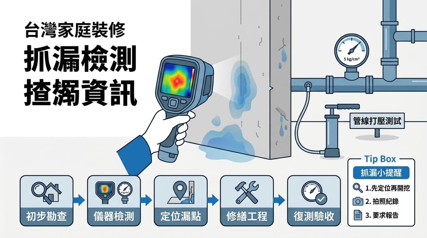 Clean white-background infographic in engineering blue-gray flat vector style, featuring central thermal imaging camera scanning wall for hot spots, adjacent pressure gauge and pipeline pressure test illustration, bottom flowchart of leak detection process from initial survey to retest, and reminder boxes on locating before digging, photo records, and requesting reports.