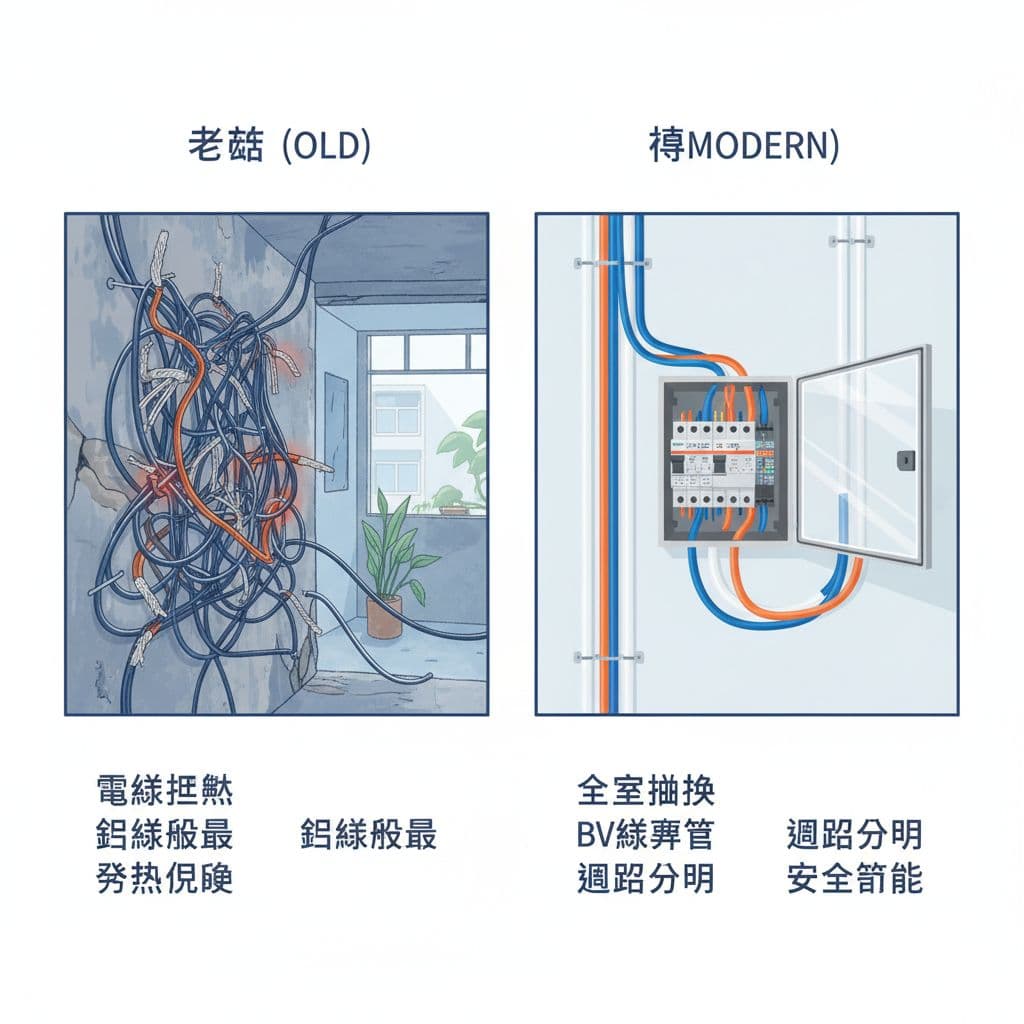 住家全室抽線值不值得做?何時該換線,換到哪裡才夠 Flat illustration contrasting old chaotic exposed aluminum wires posing fire risks on the left with modern neat BV wires in conduits, separate circuits, and clear distribution panel on the right in a Taiwanese residential setting. Labels highlight safety and energy-saving advantages.