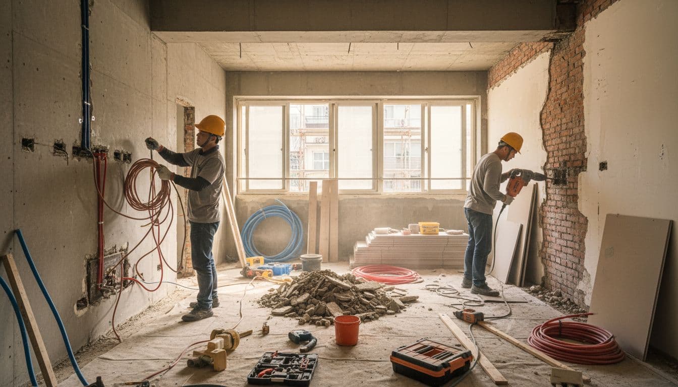Two workers in safety helmets at a clean Taiwan indoor construction site, handling water and electrical line rewiring and wall demolition, with tools and materials neatly arranged and sunlight from windows.