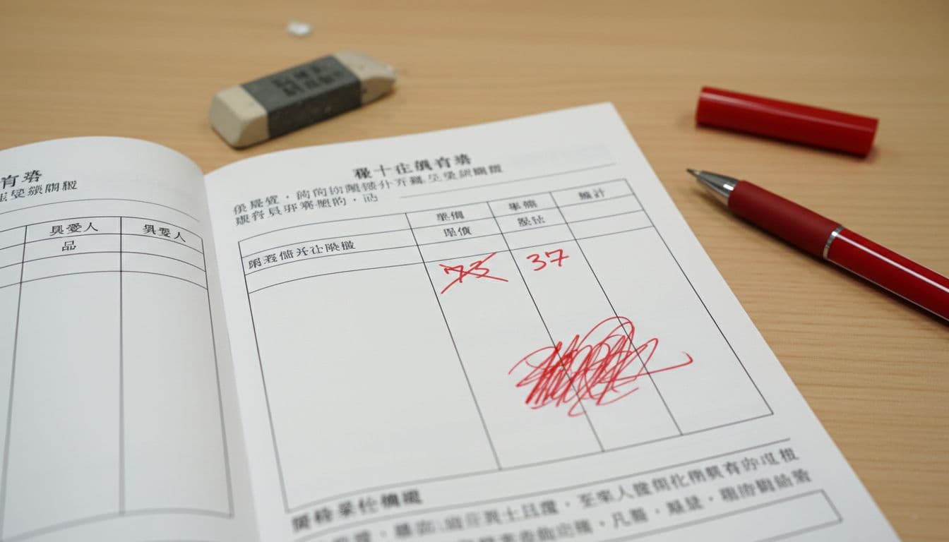 Realistic photo of an opened Taiwan invoice booklet showing common filling errors like blank fields, incorrect numbers, scattered eraser shavings, and red pen correction marks on a simple office desk with neutral lighting.