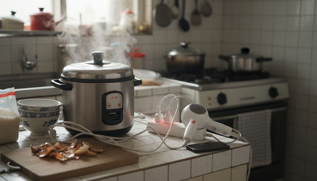 Realistic photo of an overloaded extension socket in a Taiwan kitchen, with a rice cooker, hair dryer, and charger plugged in, socket showing slight red heat glow on a messy countertop under natural light.