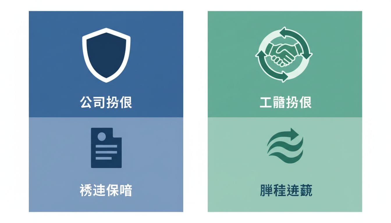Side-by-side panels visualizing Taiwan labor and health insurance comparison: company insurance advantages like stable protection on one side, union insurance flexibility on the other, using simple icons such as shields, policies, and union badges in blue-green flat design with no readable text.