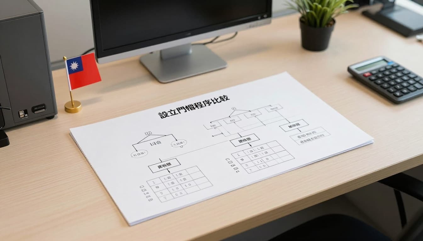有限公司還是股份有限公司?創業前先看懂兩者權益差異 A clean office desk features a simple structure diagram for a limited company (Ltd) and a complex organizational chart for a joint-stock company, with documents, a computer, and a Taiwan flag model nearby. Soft indoor lighting, overhead view, realistic style, no text, watermark, people, or extra objects.