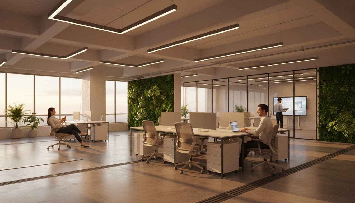 Overall landscape of a modern Taiwanese smart office integrating low-voltage systems and lighting, with open workspace, meeting room, green plant wall, three relaxed employees using computers and phones, hidden wiring, smart lights, comfortable efficient atmosphere, photorealistic style, sunset warm light, no text or watermark.