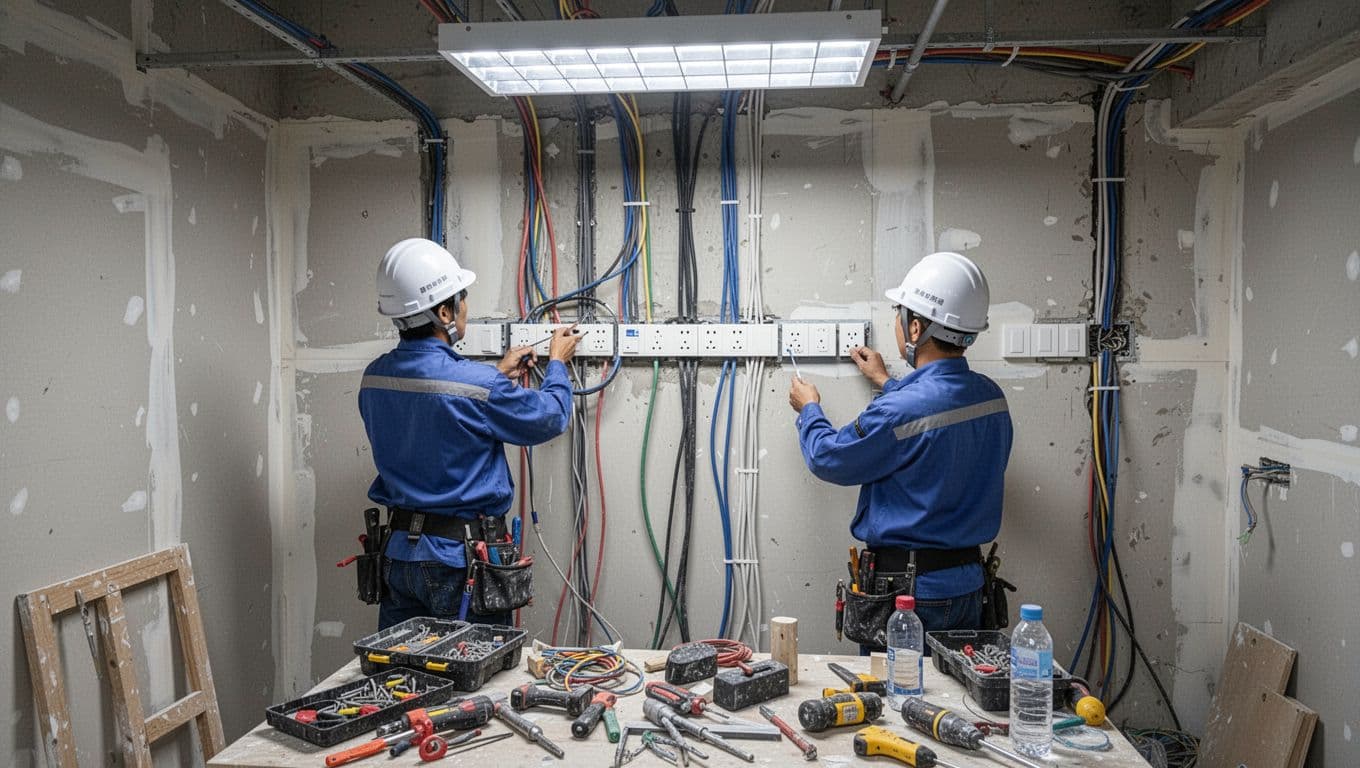 商用空間裝修配電最怕低估負載:省錢前先避開超載風險與實務規劃指南 Two helmeted workers inspect wiring replacement in a Taiwan New Taipei office renovation site, with socket switches, tools, and fluorescent lighting in the background.