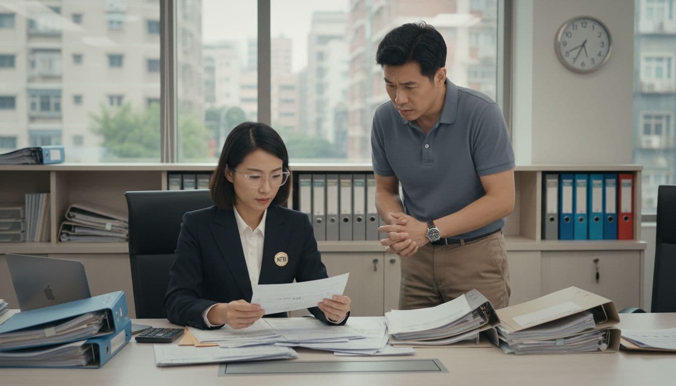 A National Tax Bureau auditor examines company invoices in a Taiwanese office interior, with the tense business owner watching closely. Professional realistic style with soft lighting and exactly two people.