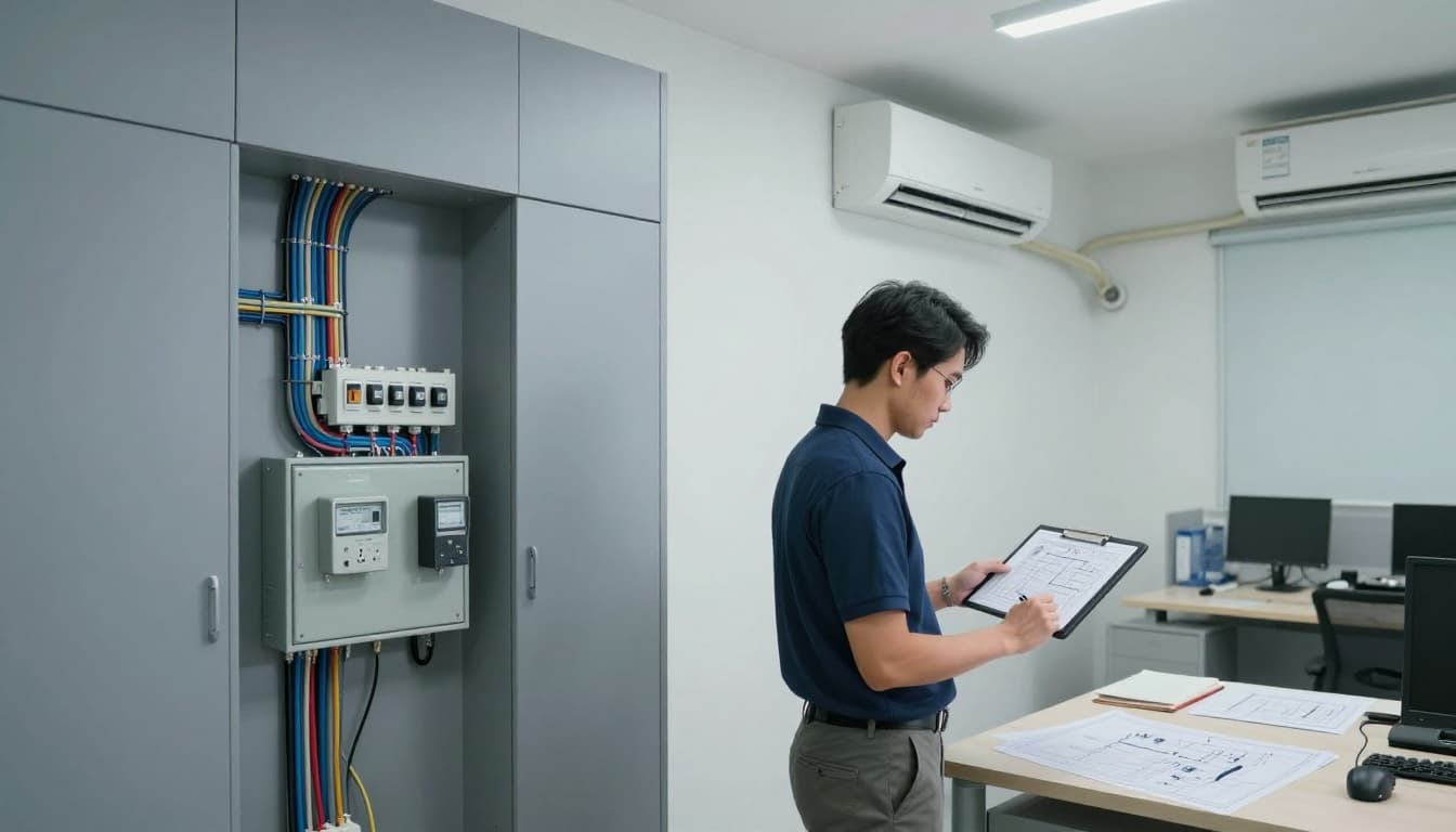 台電契約容量怎麼估,辦公室, 店面, 工廠用電容量試算與常見踩雷 Realistic professional photo of a clean, bright Taiwan office in blue-gray tones, showing an engineer holding a tablet to view circuit diagrams, with neat background wiring, blueprints, electric meters on table, and ongoing AC and lighting installation.