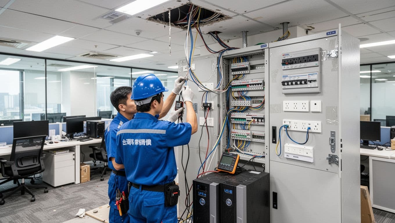 2026台灣辦公室搬遷水電規劃清單,從插座到網路一次搞定 Professional Taiwanese water-electrician team in modern office relocation construction, workers replacing wires, installing sockets and Cat6 cables, testing panels; foreground master checks grounding and UPS amid moved furniture.