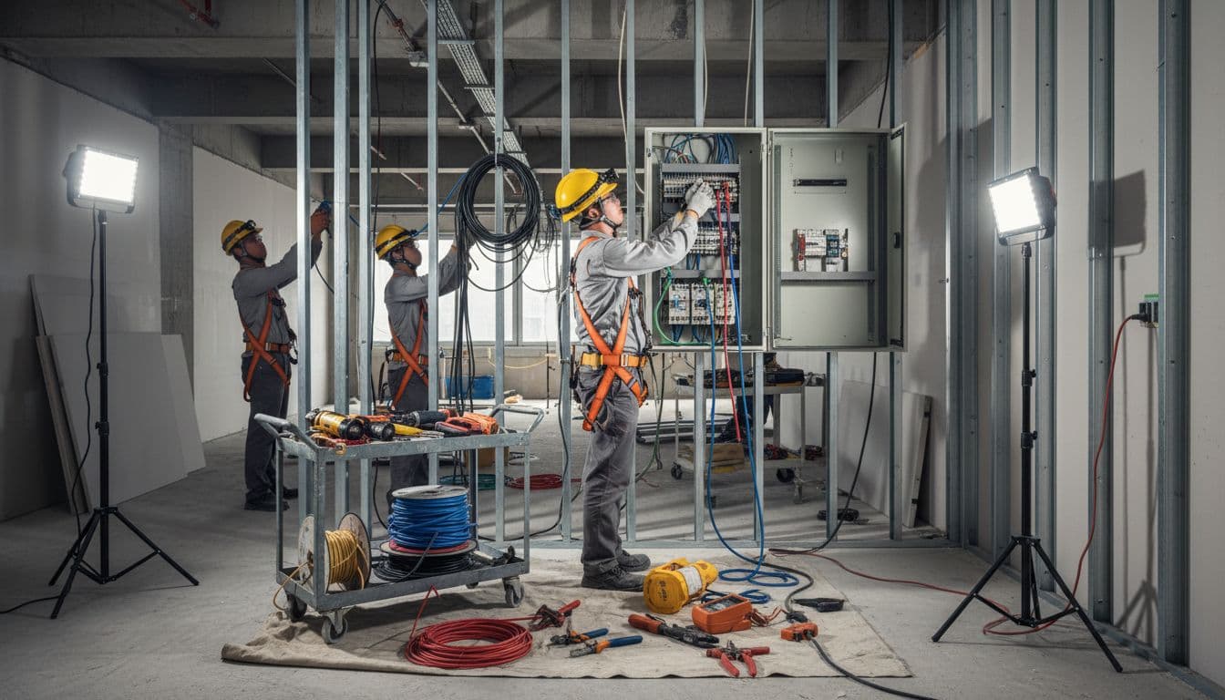 2026辦公室電力網格規劃怎麼做,效率、備援與法規一次顧到 Electrician team installs switchbox and wiring circuits in a bright Taiwan office construction site, equipped with safety gear and organized tools for a professional, dynamic scene.