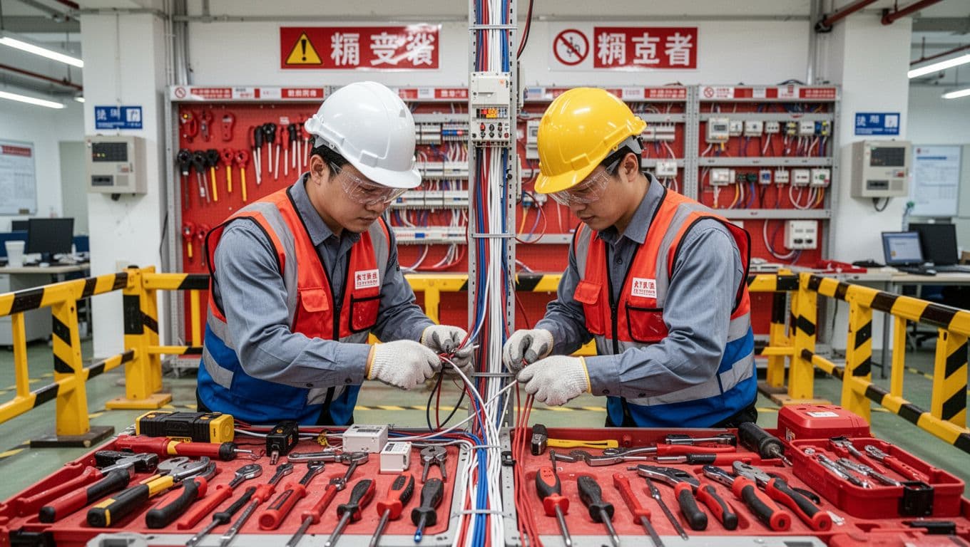 Two workers installing fire protection weak current lines and electrical circuits on a Taiwan factory office construction site, with neatly arranged tools and complete safety measures under bright lighting.