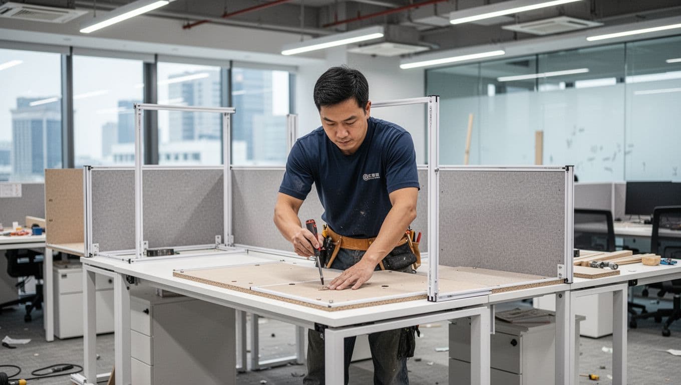 A single professional worker naturally holds a tool while assembling modular furniture and lightweight partitions in a modern, minimalist Taiwanese commercial office undergoing rapid renovation, with bright lighting and high detail in realistic style.