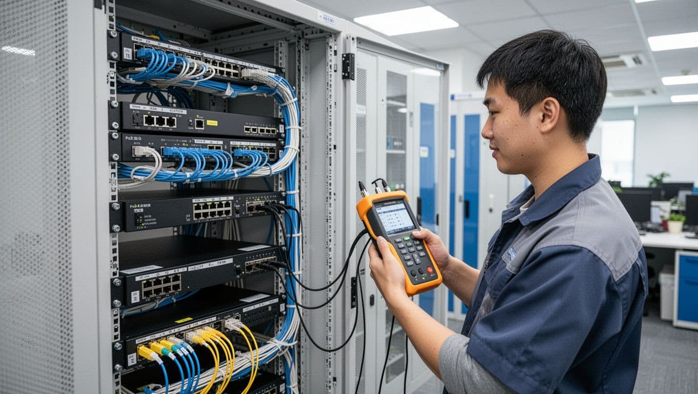 辦公室搬遷水電驗收清單,點交前必查的配電箱, 網路, 照明, 接地 Foreground shows neatly organized network cabinet interior with labeled cables on patch panels, PoE switch, fiber modules, and test instruments; a single technician holds a network tester for inspection in a clean office weak current room with white-blue-gray tones, natural light, realistic style, high detail.