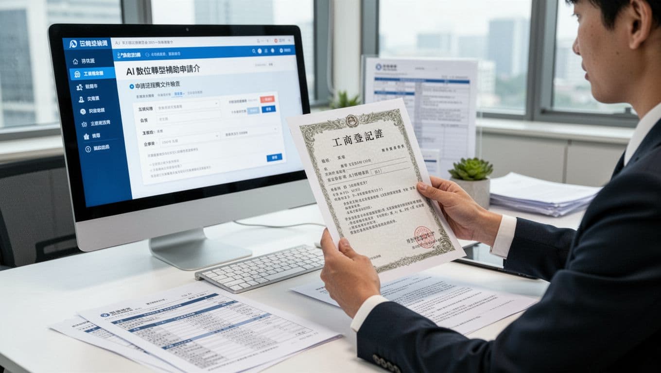 In a bright Taiwan office, a professional holds a business registration certificate while a computer on the desk displays the AI digital transformation subsidy application interface, reports, and contracts. Clean, realistic style with one person, no text or watermarks.