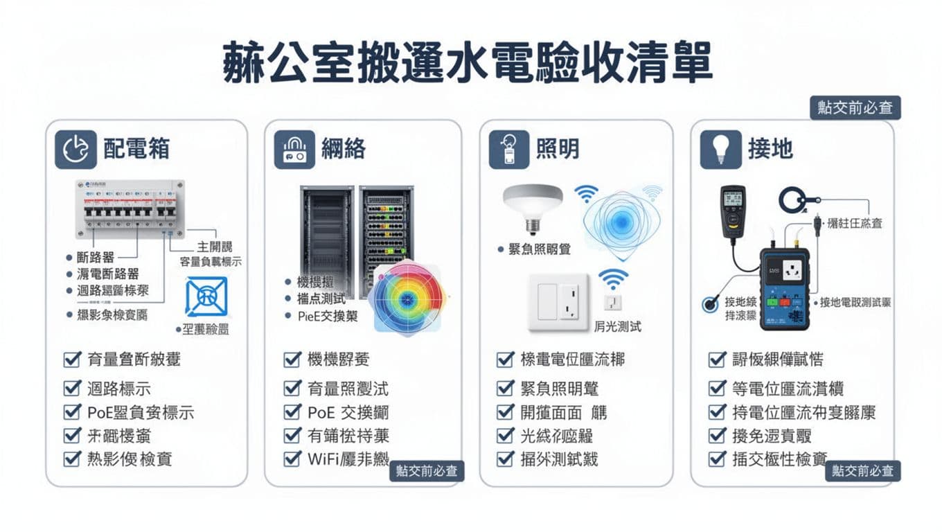辦公室搬遷水電驗收清單,點交前必查的配電箱, 網路, 照明, 接地 辦公室搬遷水電驗收清單,點交前必查的配電箱, 網路, 照明, 接地