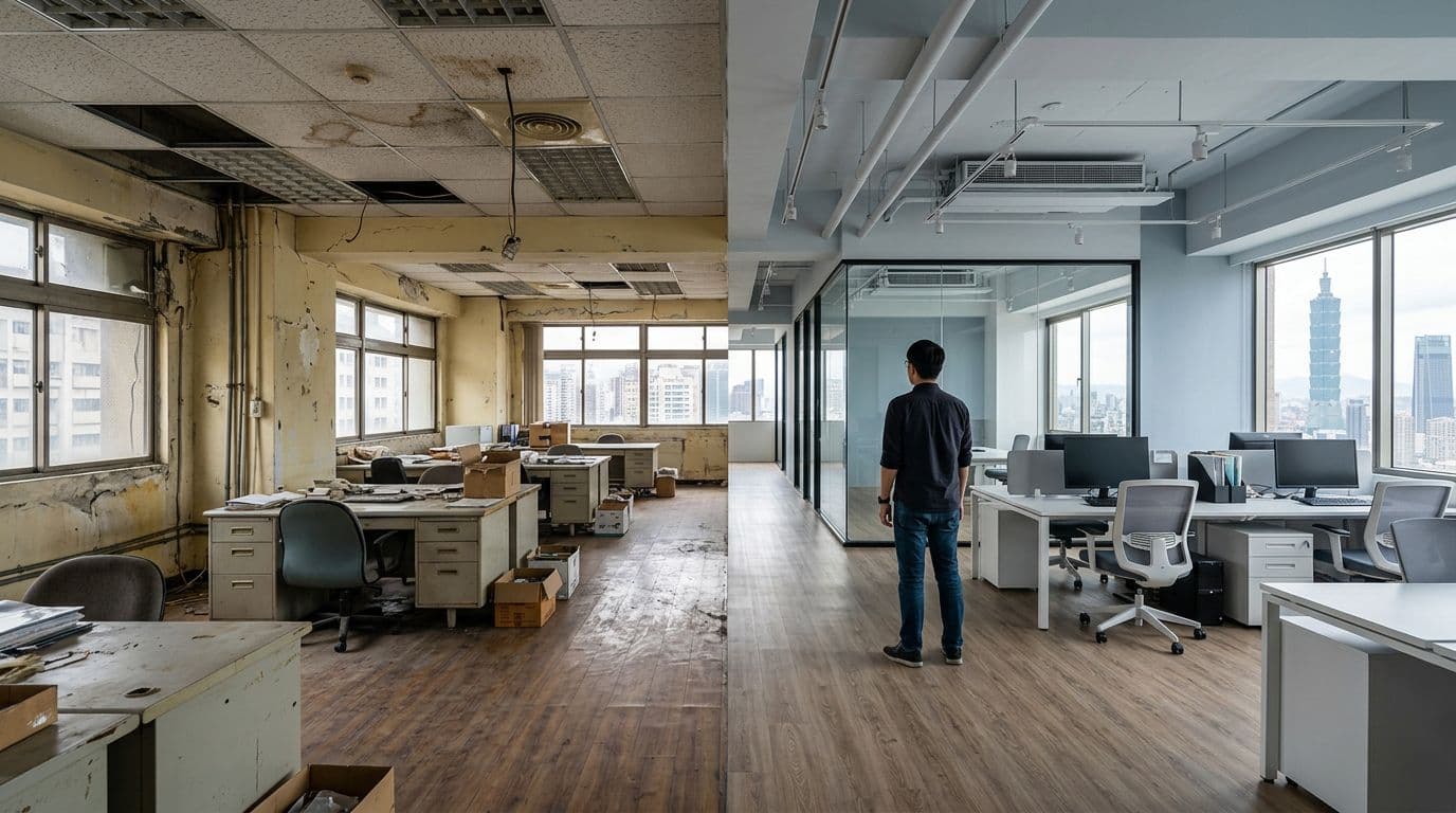 Before and after contrast of a Taiwan enterprise office in Taipei: left side dilapidated with damaged walls and old floors, right side modernized with new partitions, updated utilities, and sleek furniture, highlighting repair versus capital expenditure differences in a spacious commercial building interior.