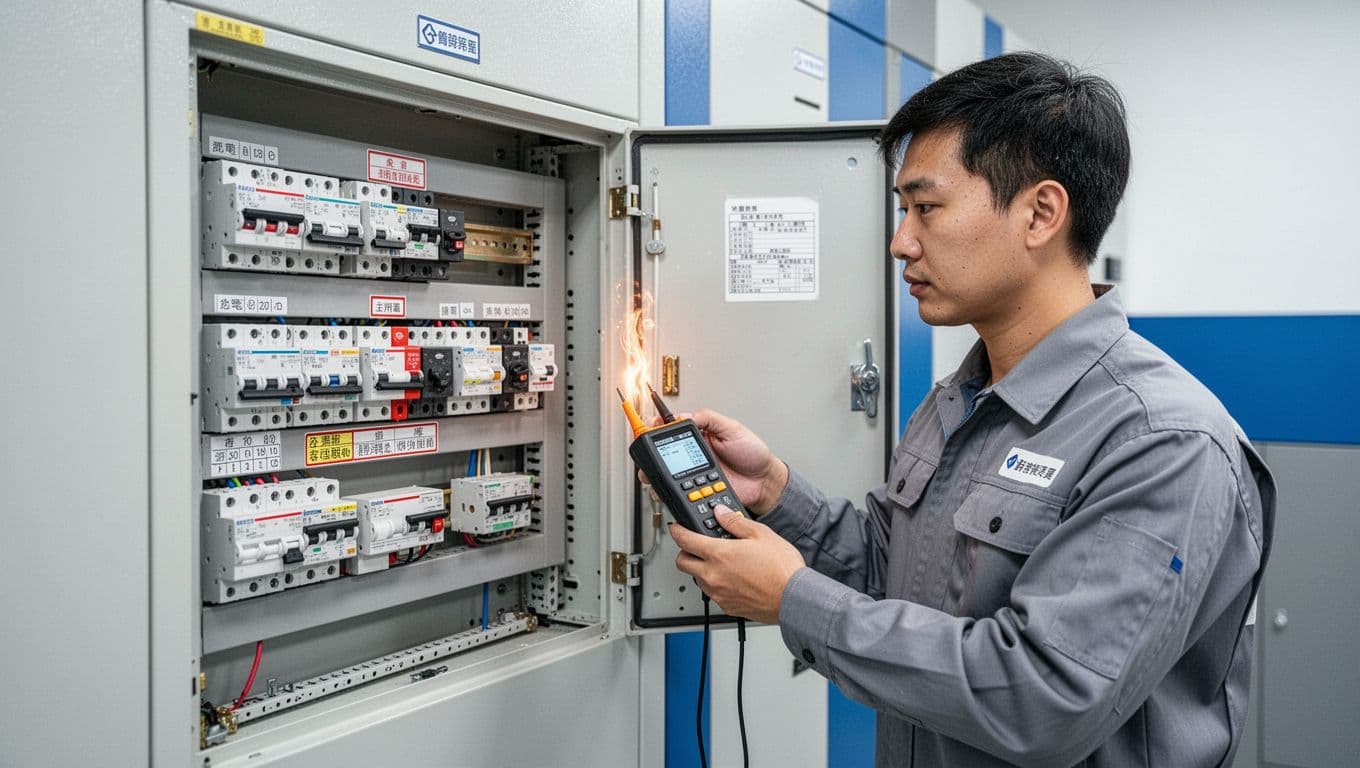 辦公室搬遷水電驗收清單,點交前必查的配電箱, 網路, 照明, 接地 Realistic scene of a single technician in work uniform checking temperature rise on an open electrical distribution box with neatly arranged breakers, clear labels, and main switches, set in a clean machine room with white-blue-gray corporate tones and natural lighting.