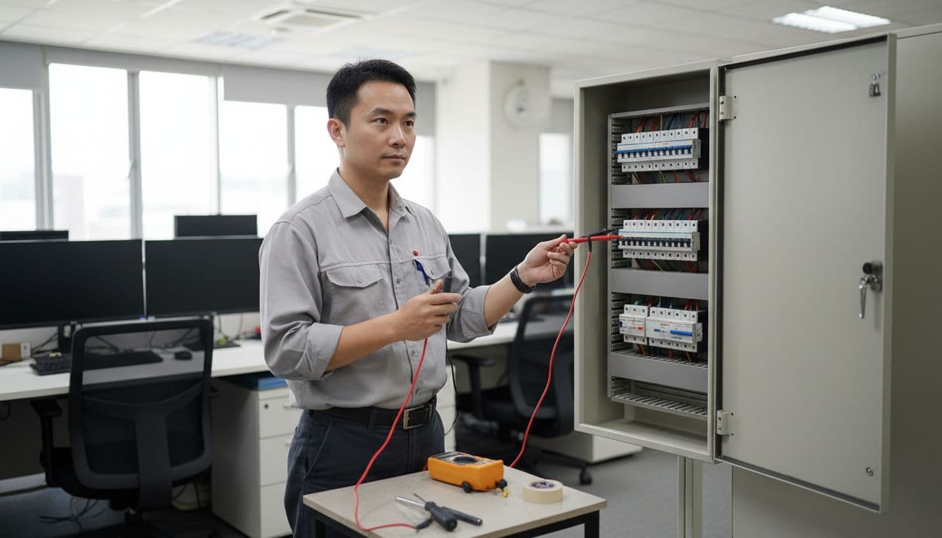 In a Taiwanese office environment, a technician with relaxed hands uses a multimeter to test the switch in a half-open distribution box, simple tools on the table, office desk and computer in the background, professional natural lighting, realistic style.