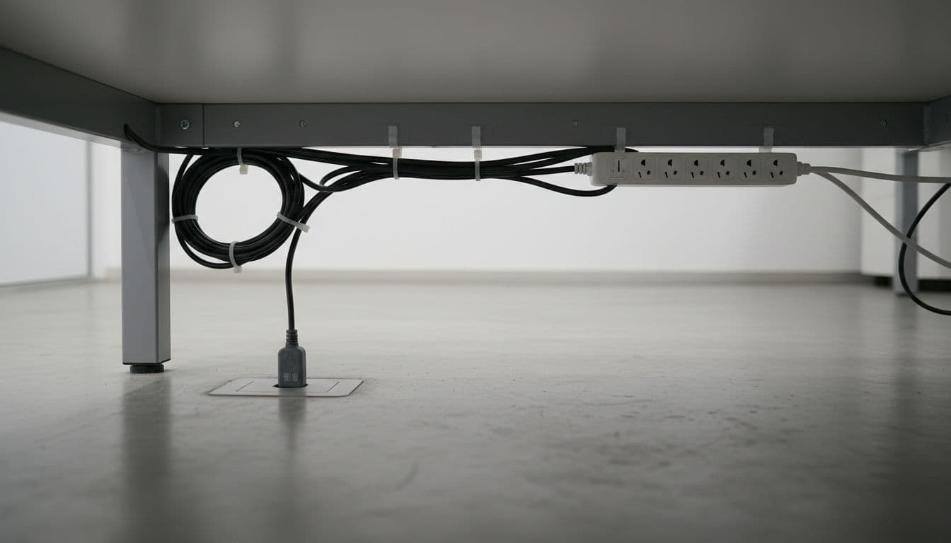 Close-up of neatly bundled power cords secured to office desk legs in Taiwan, featuring floor sockets and extension cords in proper positions within a clean under-desk space.