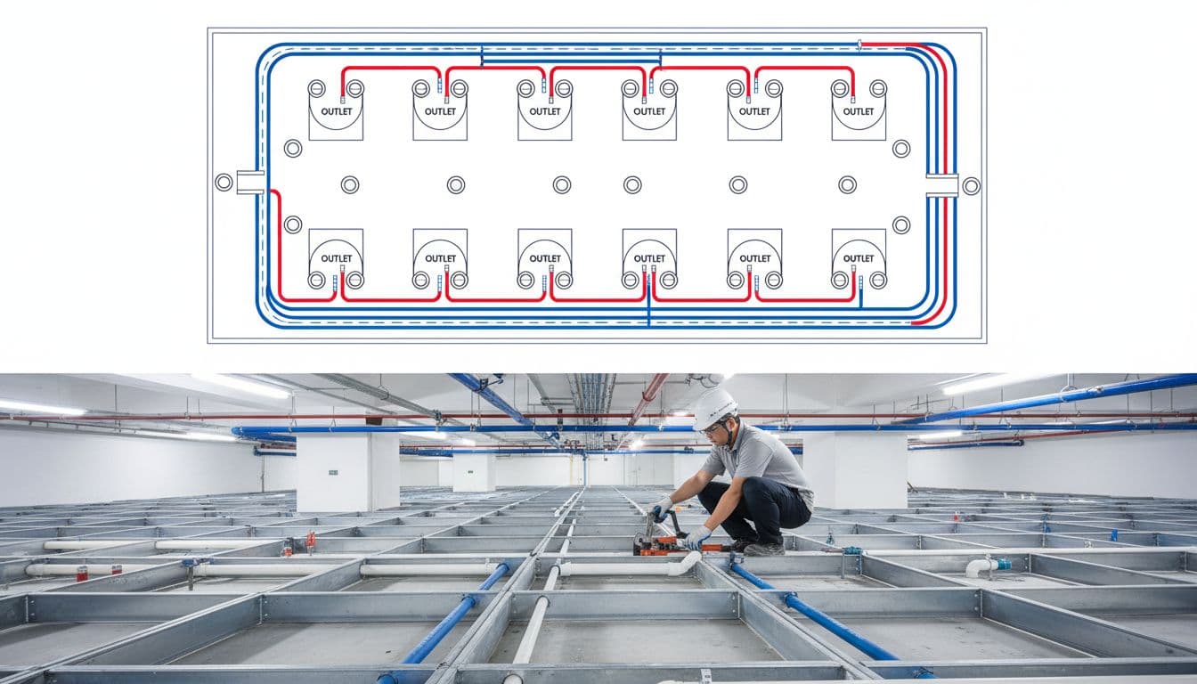 Realistic photo of a single worker neatly laying PVC pipes with electrical wires and water lines under a Taiwan office floor, branching orderly to desk sockets in a bright basement space, blueprint-style floor plan with clear details.