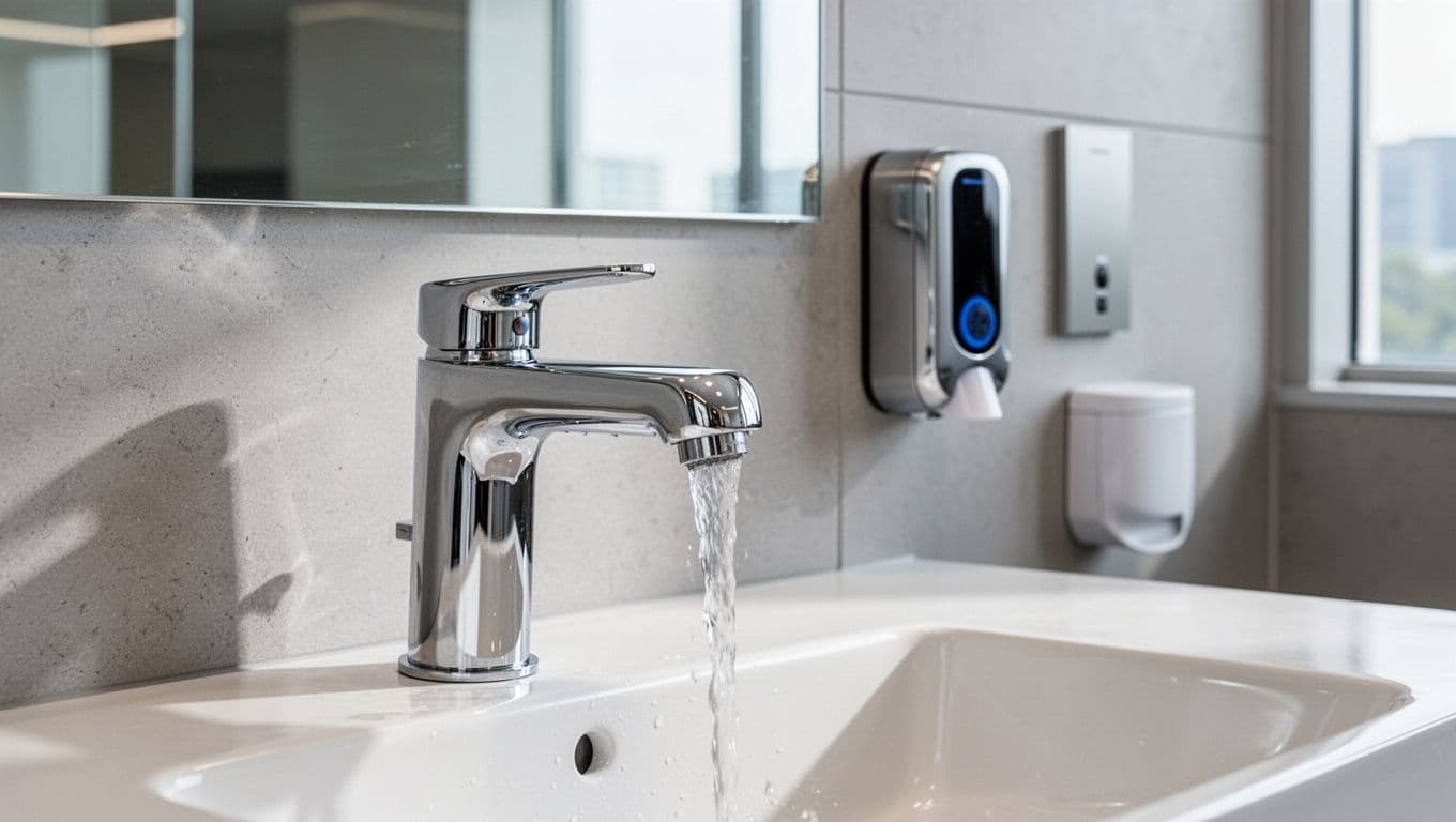 餐廳辦公室節能改造,讓每月電費真的有感下降 Modern Taiwan office restroom showcasing low-flow faucets and sensor-activated flush valves for plumbing energy conservation. Clean design with bright lighting, focusing on fixtures in realistic style, no people.