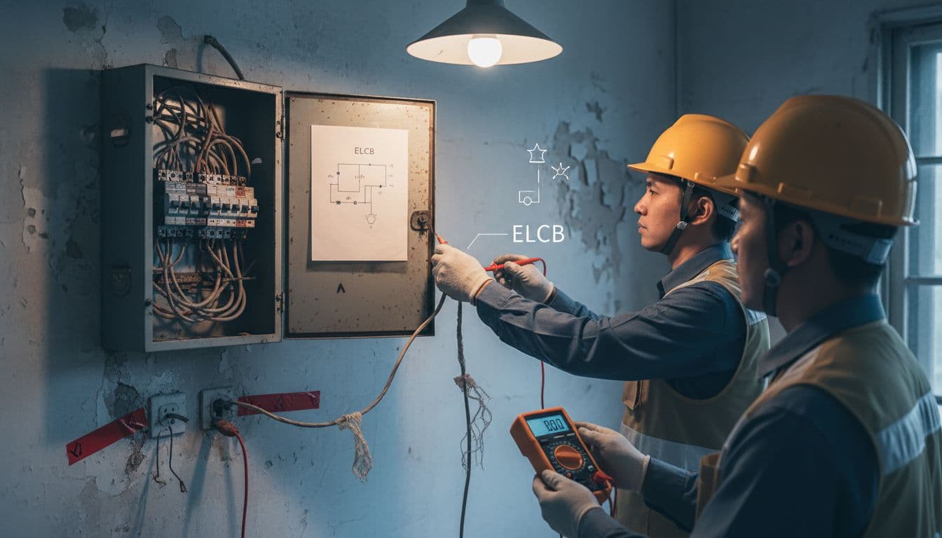 Technician opens old distribution box to check wiring and ELCB in Taiwan old house renovation scene. Foreground shows multimeter testing grounding and aging wires, with efflorescence on walls in soft lighting.