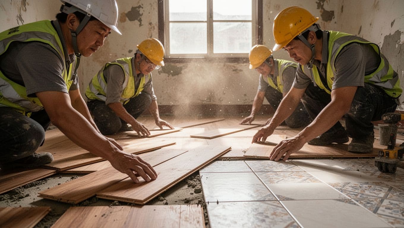 Two workers in safety gear lay wood floors and tiles in partially renovated old house living room with natural light.