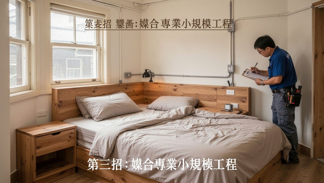 Warm and inviting bedroom in a Taiwanese old house following a light renovation, featuring updated and hidden electrical/plumbing lines, freshly painted walls, and a simple wooden bedside cabinet for a comfortable budget-friendly atmosphere. Photorealistic style with natural light, soft illumination, detailed close-ups, and a lone worker's back in the corner inspecting.