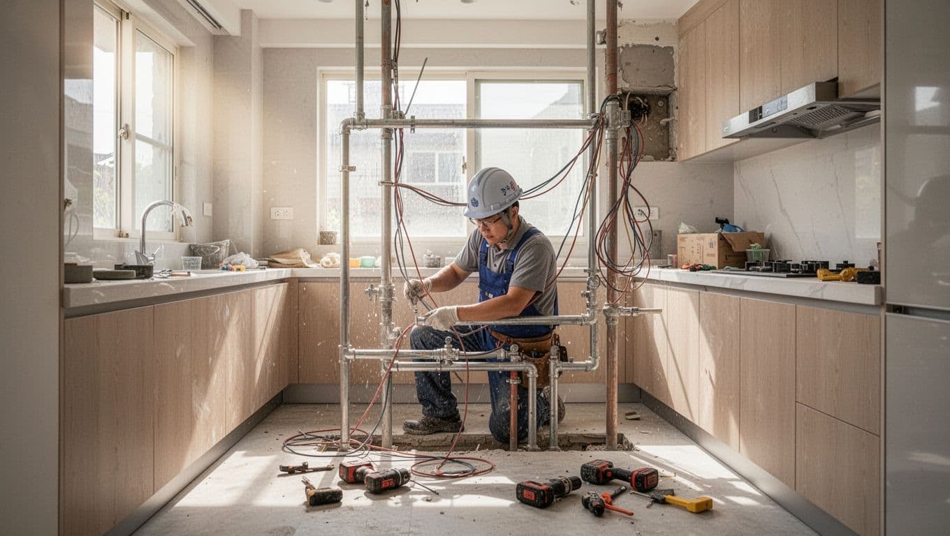 A focused plumber-electrician wearing a safety helmet repairs water pipes and electrical wires in a modern apartment kitchen during Taiwan old house renovation, with tools scattered around under natural daylight in a bright realistic photo style.