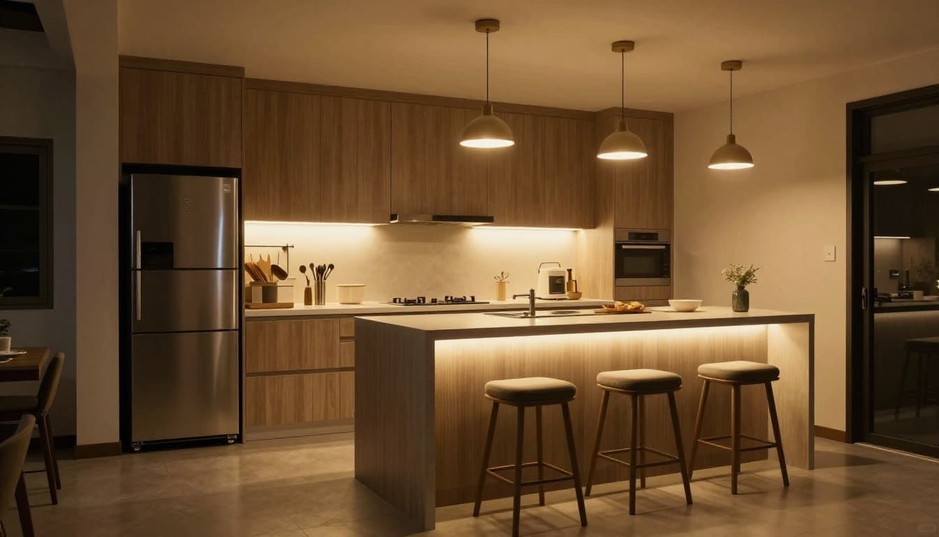 Warm yellow pendant and under-cabinet lights illuminate the modern countertops and bar stools in a renovated Taiwanese old house kitchen at night, evoking a high-end hotel atmosphere with clean, aesthetic soft furnishings. Realistic interior photography of exactly one room, no people, text, logos, or watermarks.