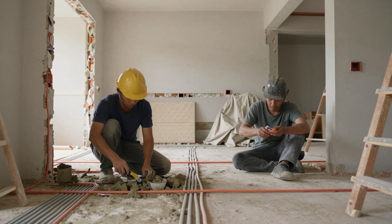 台灣老屋翻新施工現場，兩位工人進行水電配管與配線，牆面局部拆除並做好保護，空間明亮乾淨。