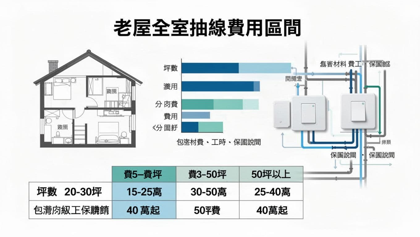 這張資訊圖表呈現台灣老屋水電工程的全室抽線費用區間，依20-30坪、30-50坪及50坪以上分級顯示15-25萬、25-40萬及40萬起價格，包含材料費、工時與保固說明，並附房屋平面圖、分區條狀圖及管線示意。風格為乾淨現代扁平向量插畫，使用藍綠色調與繁體中文字。