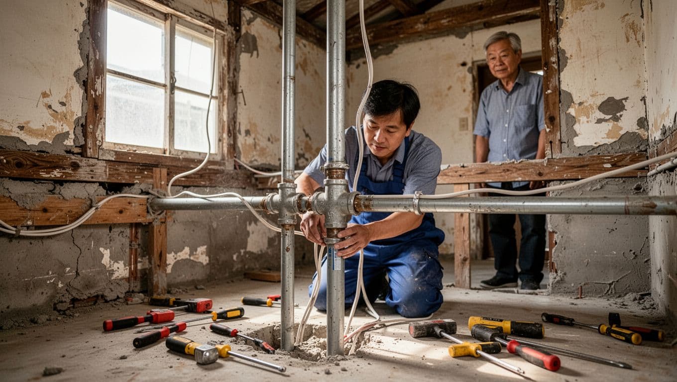 A worker inspects water and electricity pipelines in a Taiwanese old house renovation site, with the homeowner observing nearby and tools scattered around, emphasizing repair details under daylight.