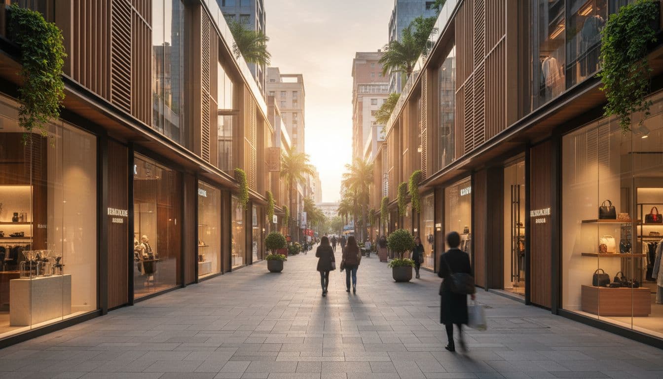 Post-renovation street scene of upscale boutique shops in urban Taiwan, combining modern glass curtain walls with wooden elements, high-end cafes and stores, sparse pedestrians, warm sunset glow, photorealistic style.
