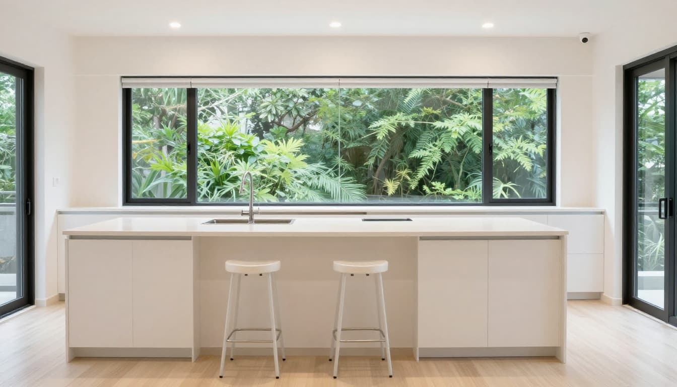 Open kitchen after renovation in a Taiwanese old house, featuring L-shaped white cabinets connected to an island bar. Bright warm lighting, greenery through large windows, modern minimalist style, empty space ready for occupancy, realistic high-resolution photography.