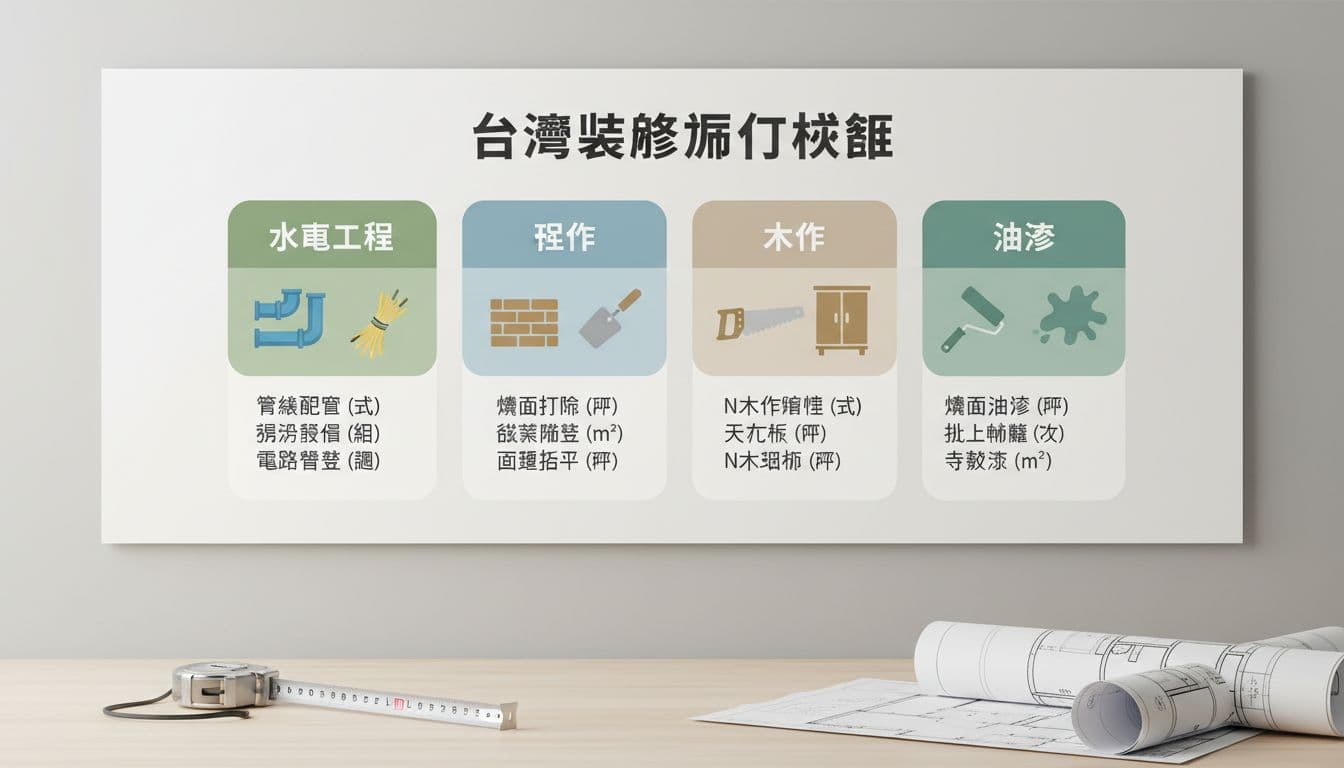 大型海報式清單圖表展示台灣常見裝修項目如水電、泥作、木作、油漆，包含圖示與單位如坪、式、m²，置於明亮工作室牆上，前景有捲尺與藍圖。簡潔專業資訊圖表風格，柔和綠藍色調，高清寫實無人物。