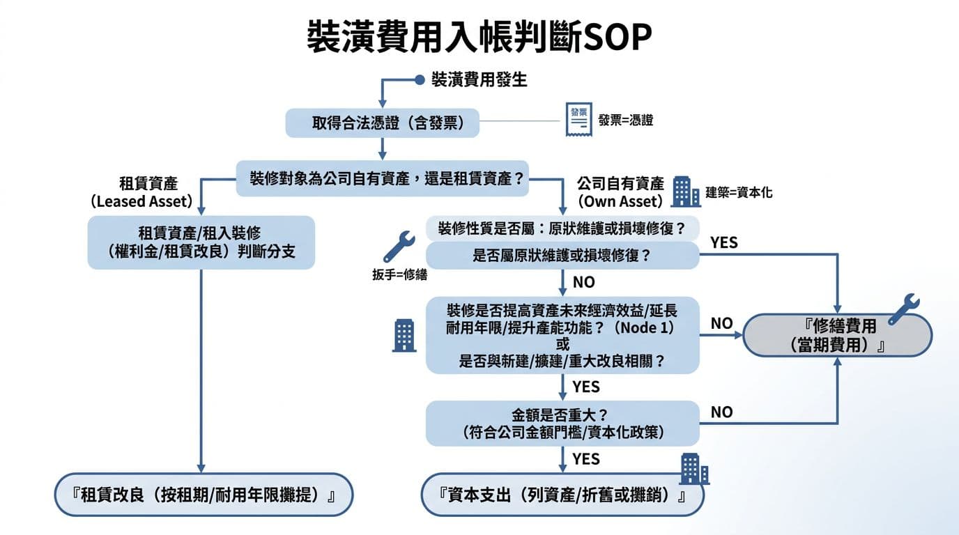 適用台灣企業會計與所得稅申報情境的裝潢費用資本化判斷決策樹流程圖，包含經濟效益、修繕維護、金額重大性及租賃改良等分支判斷。