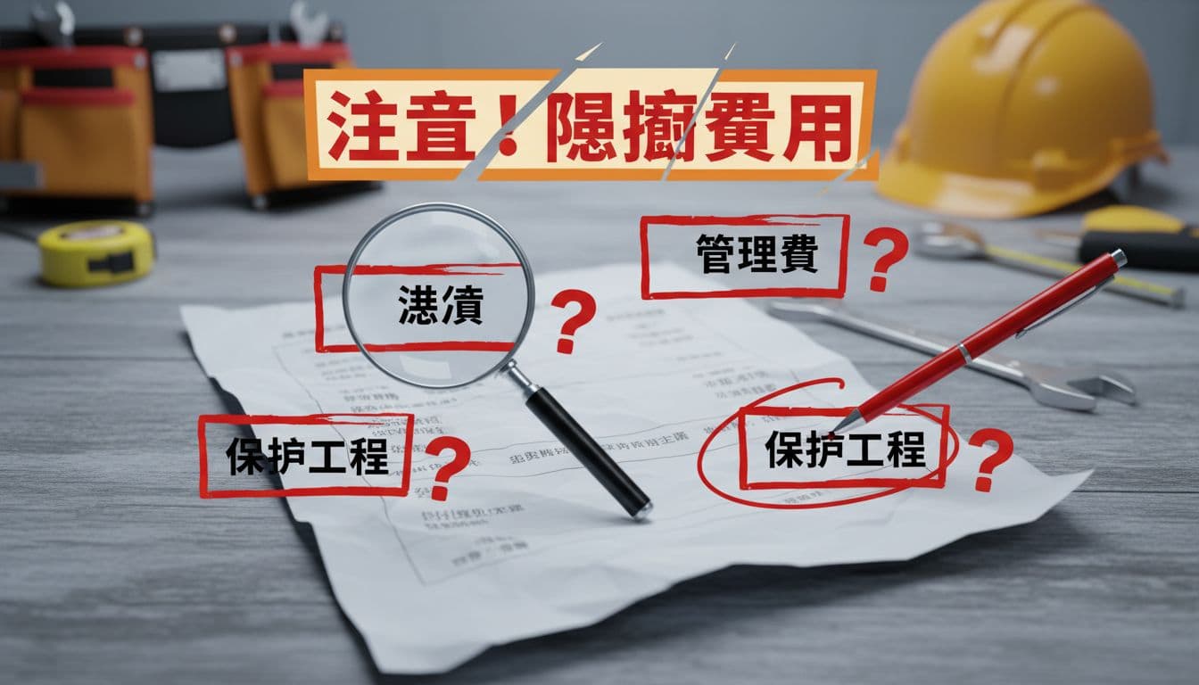 報價單放大雜項、管理費、保護工程等項目，用紅色警告框與問號標註，置於桌面，旁邊放大鏡與紅筆圈出，背景模糊工具箱。資訊圖表風格，紅橙警示色調，高清寫實，繁體中文標註。