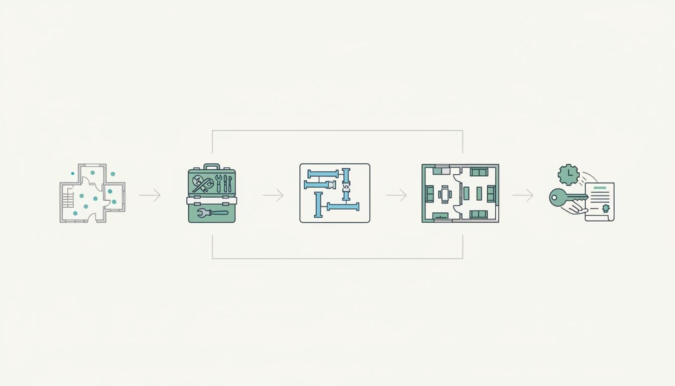 A clean, flat illustration flowchart depicting the step-by-step cooperation process for Taiwan's rental package management and interior decoration, from old house floor plans through repairs, wiring, design, to key handover on a light beige background with gray lines and blue-green accents.