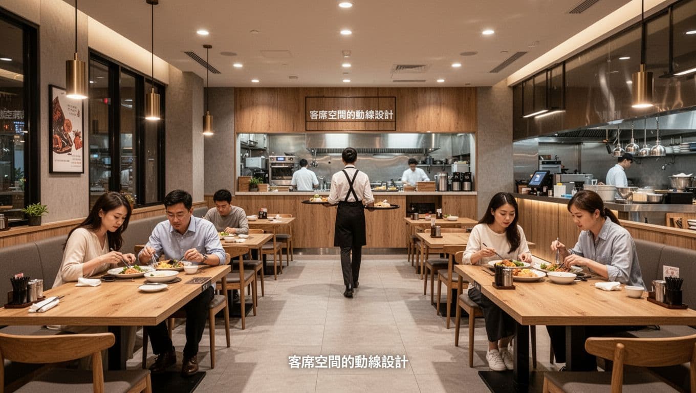 Spacious modern chain restaurant dining area in Taiwan features wide pathways between wooden tables for quick server movement, with four customers eating comfortably and one server carrying a tray to the semi-open kitchen under warm lighting.