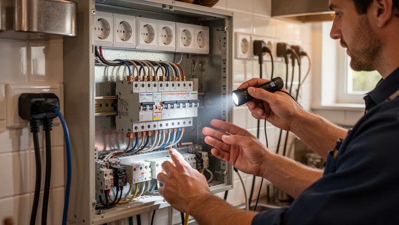 Neat wiring, high-power breakers, and sockets inside Taiwan restaurant electrical box, with one electrician checking using flashlight.