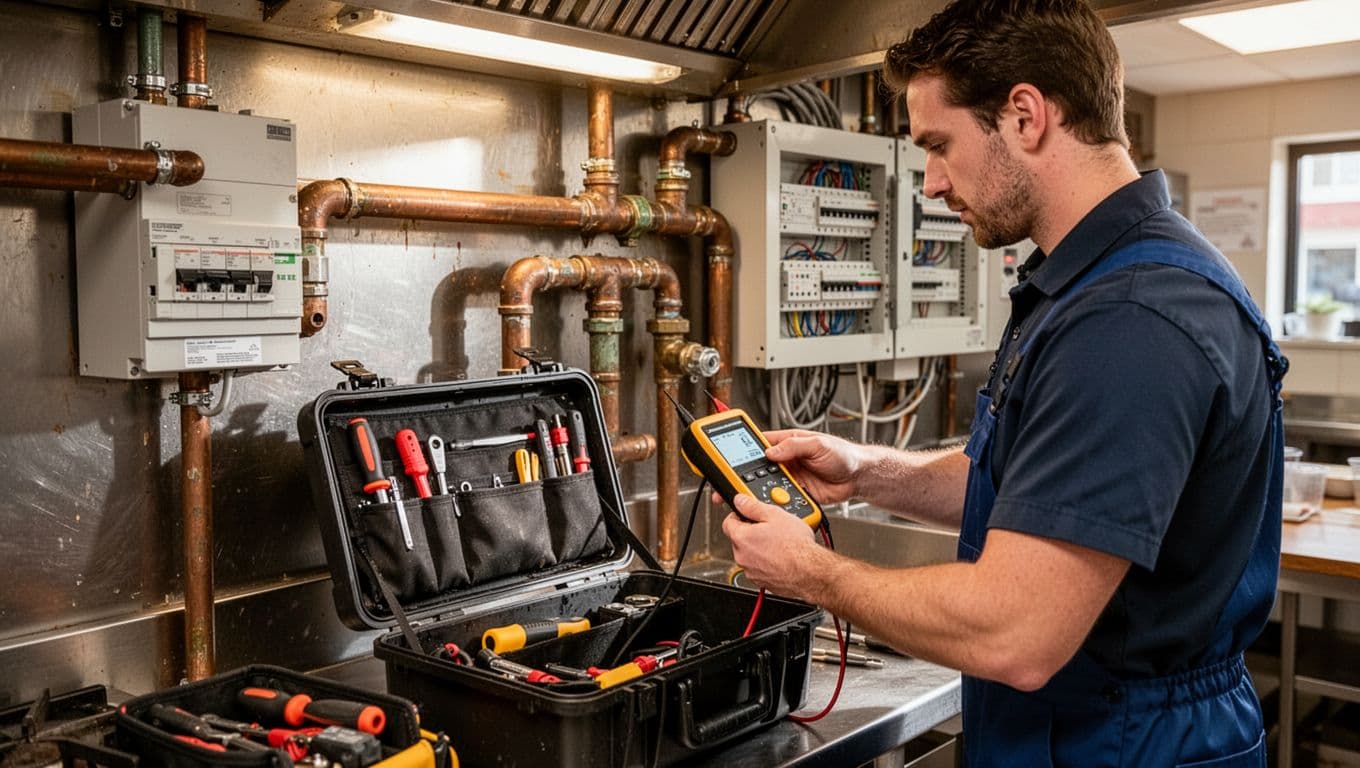 Technician tests pipes and electrical box with meter in bright restaurant kitchen, open toolbox nearby.