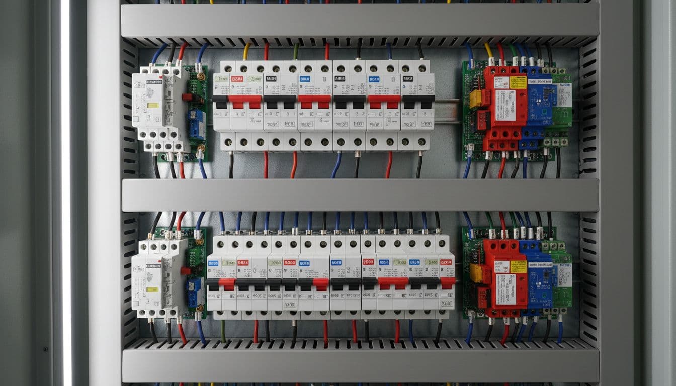 智慧家庭水電配置指南:新居裝修與便利生活完整規劃 Close-up view of a Taiwanese professional switch box interior, showcasing neatly arranged smart home circuit breakers, low-voltage modules, and fire equipment under clean, bright lighting in an industrial realistic style with high-detail clarity.